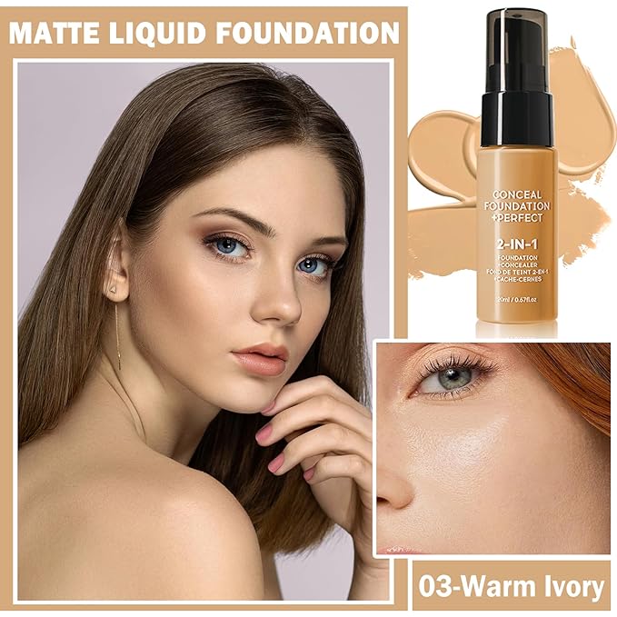 Concealer Full Coverage Foundation for Mature Skin,Oil Control Matte 2 in 1 Concealer liquid Foundation Makeup Waterproof Base De Maquillaje Alta Cobertura-03 Warm Ivory