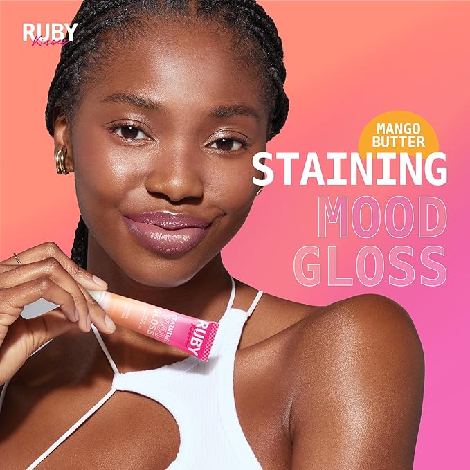 Ruby Kisses pH Lip Gloss, Pink Tinted Lip Balm Stain, Mood Color Changing Lipstick with Mango Butter for Long-Lasting Hydration, Lightweight Non-Sticky Shine, Fuller & Smoother Lips