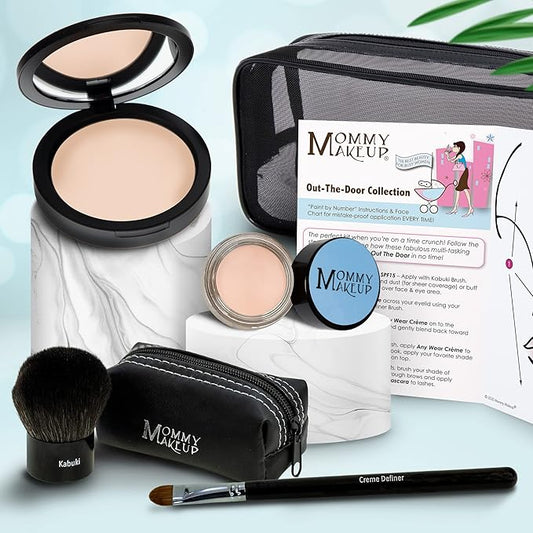 Out The Door Collection | Talc-free 5-piece Mineral Makeup Set | CUDDLE (Light/Medium) - For light to medium complexions + BRIGHTEN UP - A Warm Matte Cream