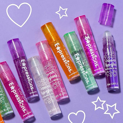 Expressions 12pc Roll On Lip Gloss Set with Carrying Case, 12-Piece Glossy Lip Makeup - Assorted Fruity Flavors, Non Toxic, Kid Friendly, Party Gift, Best Friends