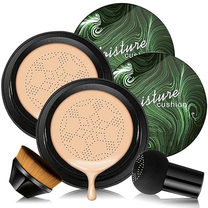 Mushroom Head Air Cushion CC Cream Foundation, 2PCS Full Coverage Concealer Foundation Face Makeup Set with Makeup Brush, Long-lasting Oil Control Moisturizing BB Cream, Even Skin Tone, Natural