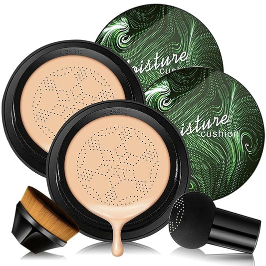 Mushroom Head Air Cushion CC Cream Foundation, 2PCS Full Coverage Concealer Foundation Face Makeup Set with Makeup Brush, Long-lasting Oil Control Moisturizing BB Cream, Even Skin Tone, Natural