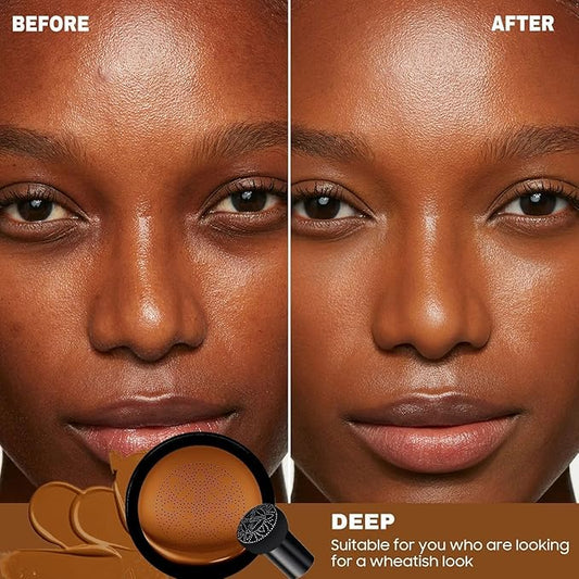 Mushroom Head Air Cushion CC Cream - Long-Lasting & Brightening Color Changing Foundation for Older Women, Waterproof & Moisturizing Full Coverage for Mature Skin (Deep)