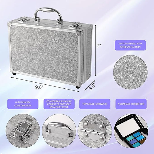 Makeup Kit for Teenager & Women Full Kit, All- In- One Makeup Set With The Cosmetic Train Case, Professional Makeup Kit, Makeup Gift Set for Women Girls(silver)