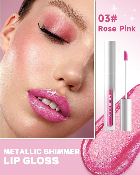 Rose Pink Metallic Liquid Lipstick, Non-Stick Cup Glitter Lip Gloss, High Pigmented Lip Color with Transfer-proof Wear, Long Lasting Waterproof Shimmer Sparkly Lipstick Cosplay Makeup for Women-03