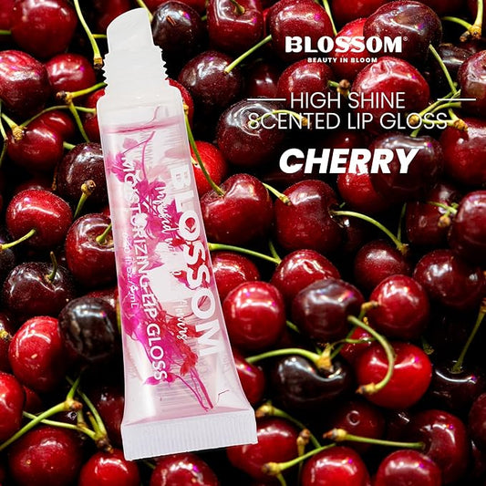 Blossom Lip Gloss Tubes, Cherry Scented Thick Clear High Shine Moisturizing Flower Lip Gel with Nourishing Jojoba Seed Oil, Infused with Real Flowers, 0.3oz, Cherry