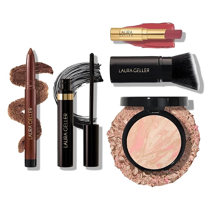 Finishing Touches Kit: Baked Balance-n-Brighten Powder Foundation, Porcelain + Airbrush Kabuki + Jelly Balm Tinted Lip Balm, Figger Than Life + Kajal Eyeliner, Dark Brown + Kajal Mascara