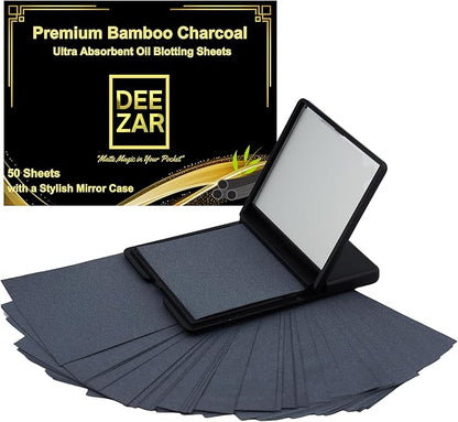 Premium Oil Blotting Sheets for Face with Compact Mirror Case, Bamboo Charcoal – Ultra-Absorbent, Portable, Makeup-Friendly, 50 Thick Sheets for Oily Skin, Ideal for Quick Oil Control