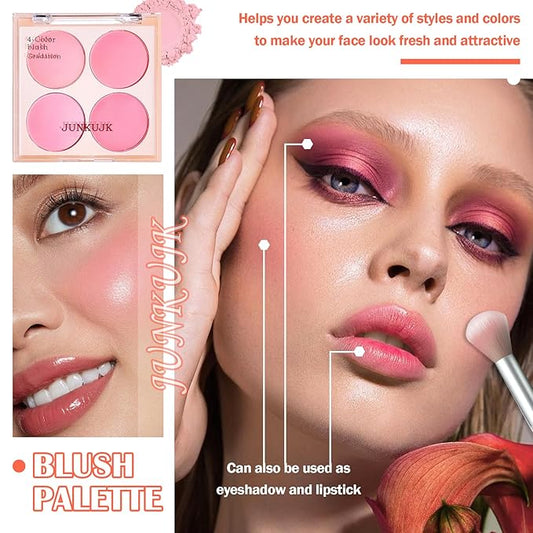 Shimmer Silky Matte Blush Powder Palette, Professional Cute Face Contour Highlighter with Blush Makeup Brush 01