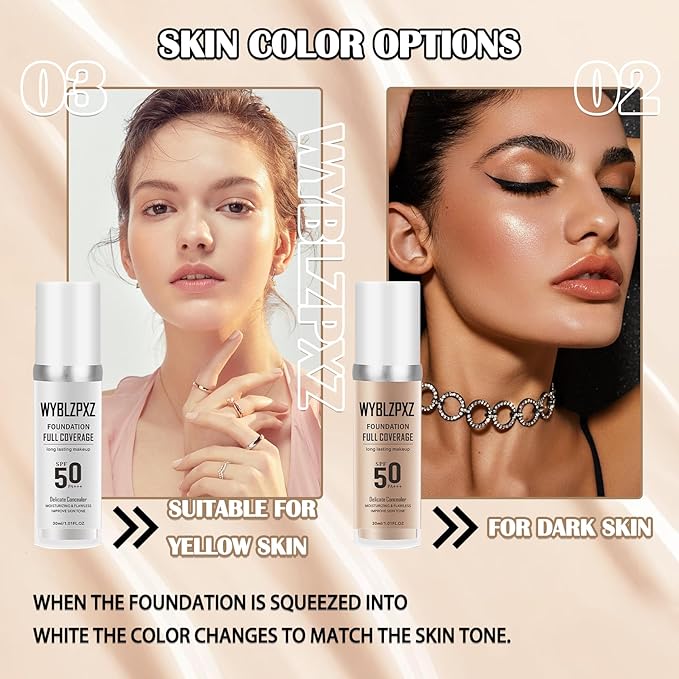 2PCS Color Changing Makeup Foundation Set with Brushes & Makeup Sponge,Flawless Full Coverage Foundation SPF50 PA+++,Moisturizing Non-greasy Liquid Foundation for Women