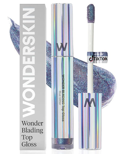 Wonderskin WONDER BLADING Top Gloss - Blue Glitter Lip Gloss, Hydrating and High Shine Finish Lip Makeup (Blue Glitter)