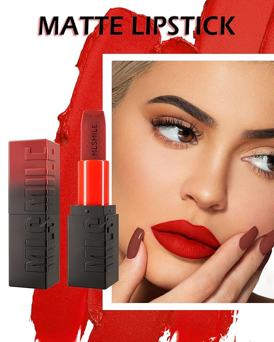 Matte Lipstick Bright Red, Nude Matte Lipstick Long-Lasting Lip Makeup Waterproof Smudge Proof for Women,Silky Velvet Moisturizing Lip Stick High Impact Lip Color Lip Gloss Balm Gift for Girls-03