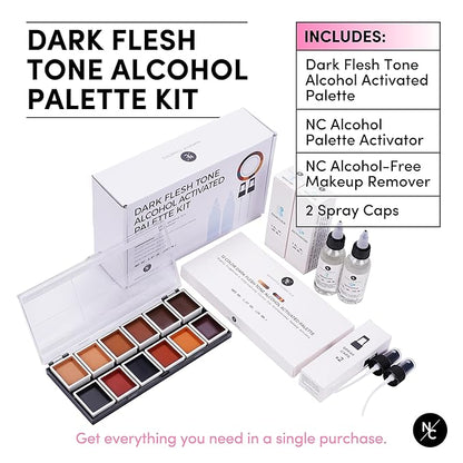12 Color Dark Flesh Tone Alcohol Activated Makeup Palette Kit - Includes Alcohol Activator and Moisturizing Remover - Waterproof Makeup for Professional Makeup Artists