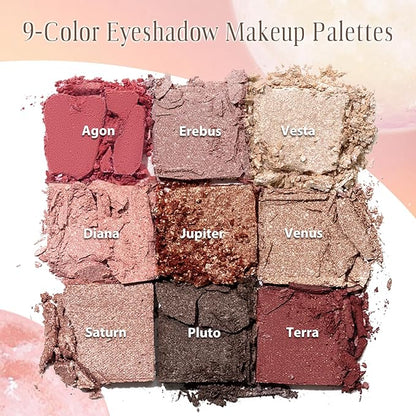 Color Nymph Blush Bronzer Highlighter Palette丨9 Colors Shimmer Eyeshadow Makeup Palettes, High-Pigment Travel Makeup Pallet with Mirror Brush, Cruelty-free & Talc-free