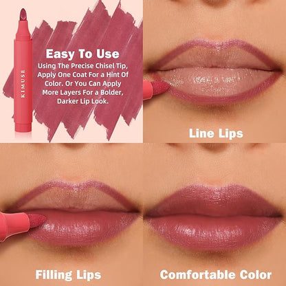 KIMUSE Lip Stain Tip Marker Set, Long Lasting Waterproof Smudgeproof Lip Liner Stain, Matte Natural Finish, All Day Wear Lip Color (Rouge Essentiel)