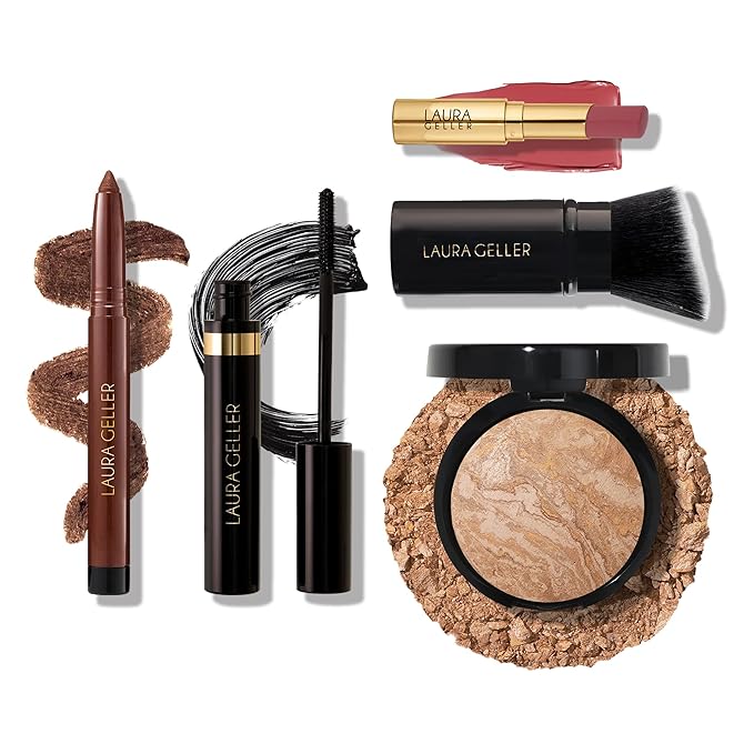 Finishing Touches Kit: Baked Balance-n-Brighten Powder Foundation, Medium + Airbrush Kabuki + Jelly Balm Tinted Lip Balm, Figger Than Life + Kajal Eyeliner, Dark Brown + Kajal Mascara
