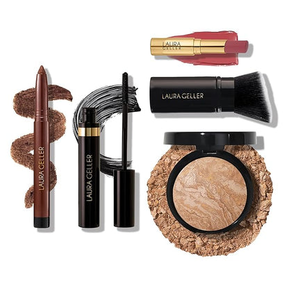 Finishing Touches Kit: Baked Balance-n-Brighten Powder Foundation, Medium + Airbrush Kabuki + Jelly Balm Tinted Lip Balm, Figger Than Life + Kajal Eyeliner, Dark Brown + Kajal Mascara