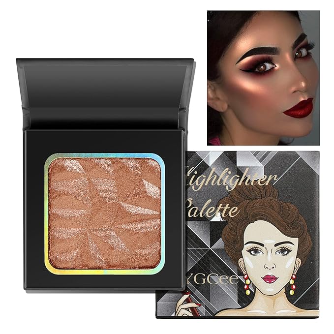 Highlighter Shimmer Makeup Palette Bronzer Color, Shimmering Highlightering Pallet, Shimmery Highlighter for Face/Body/Eyes,Sparkly Shade for Dark Skin, Highly Pigment illuminate Silky Powder, Brown Shiny Color Powder