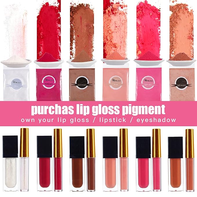 Lip Gloss Pigment Powder Natural Lip Dye 5 Colors x 10G and White Metallic Shimmer Pearl Glitter Pigment Powder for Lip Gloss Lipstick Eyeshadow Cosmetic Grade Lip Gloss Color Pigment