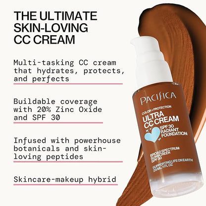 Pacifica Ultra CC Cream Radiant Foundation SPF 17 - Cool-Deep – Medium Coverage Color Correcting Cream, Dewy Finish, Mineral SPF, 1 oz