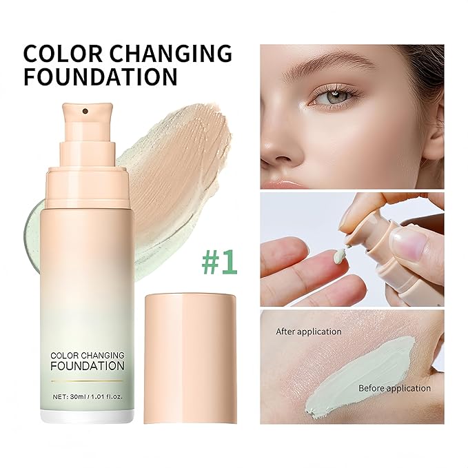 MAEPEOR Color Changing Foundation 4 Colors Lightweight Non-Greasy Hydrating Color Correcting CC Cream with Centella, Skin Corrector Foundation for Dull Skin Tone (01 Green)
