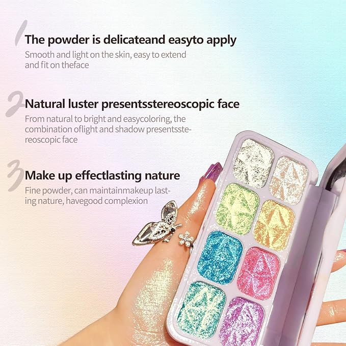8 Colors Highlighter Makeup Palette，Shimmer Glitter Multichrome Highlight Powder luminizers，All Sparkling Shades Can Be layered or Worn Individually to Enhance & Brighten Your Face Features