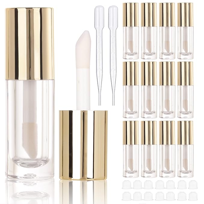 COSIDEA 14pcs Empty 6ml big brush Chunky lip gloss tubes for DIY lip gloss,Gold Large doe foot wand lipgloss containers