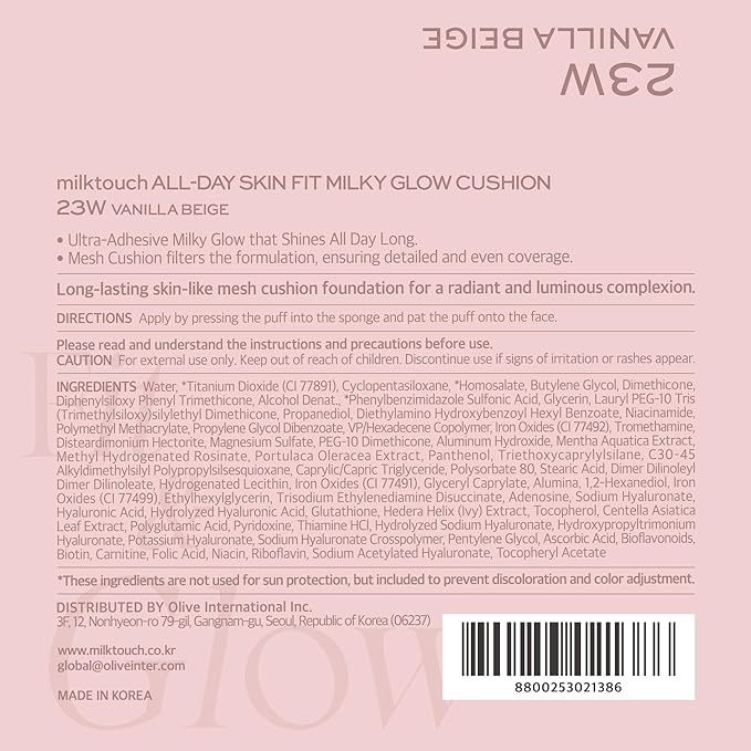 milktouch Cushion Foundation, 24H Flawless Skin, Radiant Shine, No Oxidation, Long-Lasting, Non-Creasing, 60% Hydrating Skincare Infused Korean Foundation, Valentines Gifts (23W Vanilla Beige)