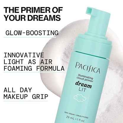 Pacifica Dreamlit Illuminating Foaming Primer with Vitamin C & Hyaluronic Acid – Hydrating Brightening Face Makeup Base for Glowing, Long-Lasting Foundation Wear – 1 fl oz Clean Beauty Vegan Formula