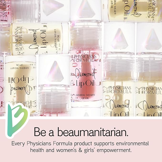 Physicians Formula Mineral Wear Diamond Lip Oil, High-Shine Serum Hybrid with Diamond Dust, Vitamin E, & Mineral Powder, Talc-Free, Cruelty-Free, & Vegan - Pink Diamond
