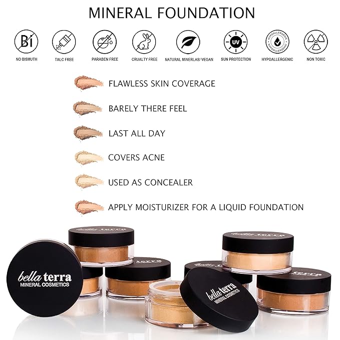 Bellaterra Cosmetics Mineral Powder Foundation | Long-Lasting All-Day Wear | Buildable Sheer to Full Coverage – Matte | Sensitive Skin Approved | Natural SPF 15 (Brown Sugar) 9 grams
