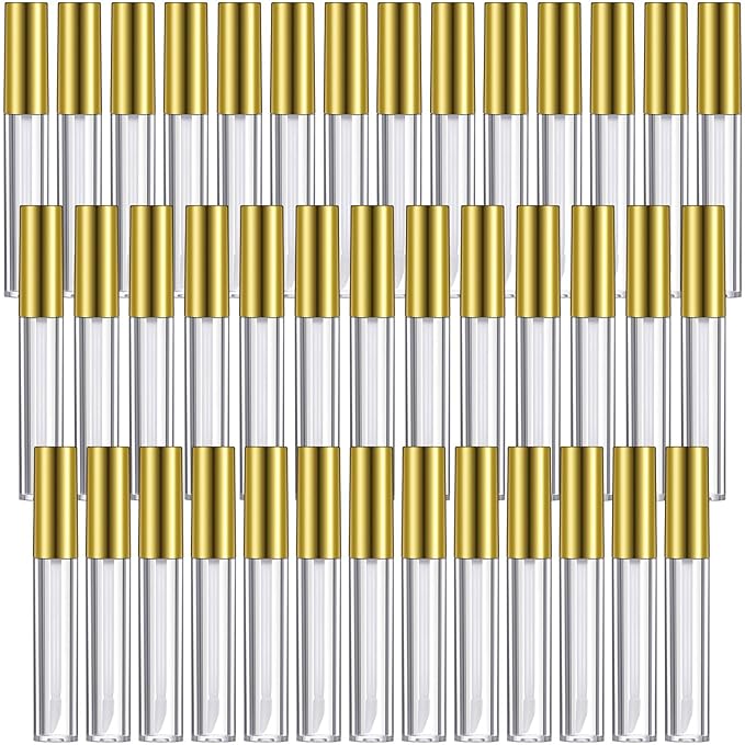 Patelai 40 Pieces Empty Lip Gloss Tubes Containers Clear Lip Balm Bottle with Rubber Stopper and 2 Pieces Funnels for Women DIY Makeup Lip Samples(10 ml,Gold)