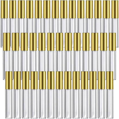 Patelai 40 Pieces Empty Lip Gloss Tubes Containers Clear Lip Balm Bottle with Rubber Stopper and 2 Pieces Funnels for Women DIY Makeup Lip Samples(10 ml,Gold)