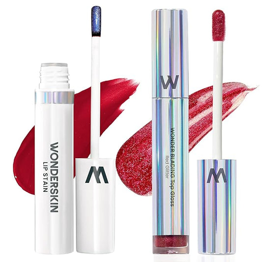 Wonderskin Wonder Blading Lip Stain Peel Off Masque - Long Lasting, Waterproof (Divine) with Top Gloss - Red Glitter Lip Gloss, Hydrating and High Shine Finish