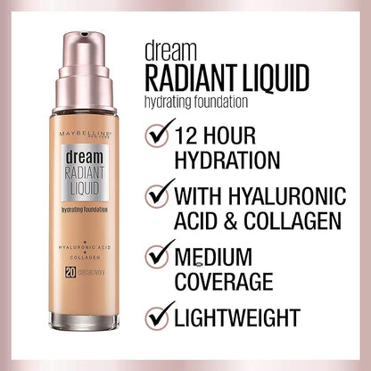 Maybelline Dream Radiant Liquid Medium Coverage Hydrating Makeup, Lightweight Liquid Foundation, Mocha, 1 Fl; Oz