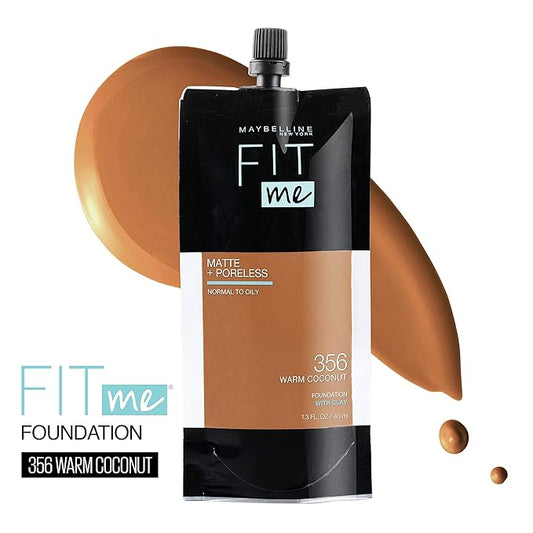 Maybelline New York Fit Me Matte + Poreless Liquid Foundation, Pouch Format, 356 Warm Coconut, 1.3 Ounce