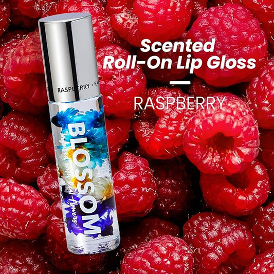 Blossom Roll on Lip Gloss, Scented Clear High Shine Moisturizing Lip Oil, Non Sticky, Infused with Real Flowers, Made in USA, 0.2oz, Raspberry