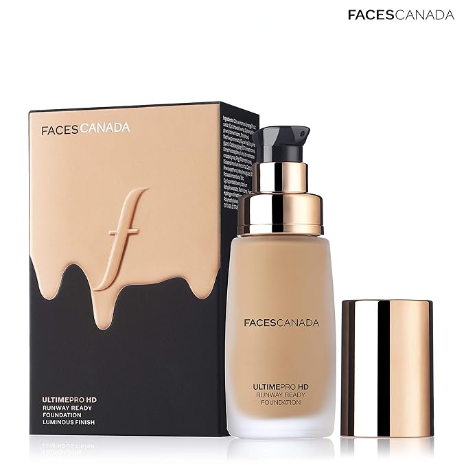 Faces Canada HD Runway Ready Foundation, Red Orange Extract & Gold particles, High Coverage, Oil-Free, Flawless Radiance, Vegan & Cruelty Free, Paraben Free, Sand 04 (Beige), 1.01 Fl Oz