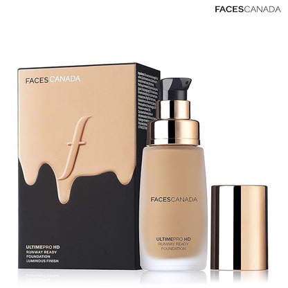 Faces Canada HD Runway Ready Foundation, Red Orange Extract & Gold particles, High Coverage, Oil-Free, Flawless Radiance, Vegan & Cruelty Free, Paraben Free, Sand 04 (Beige), 1.01 Fl Oz