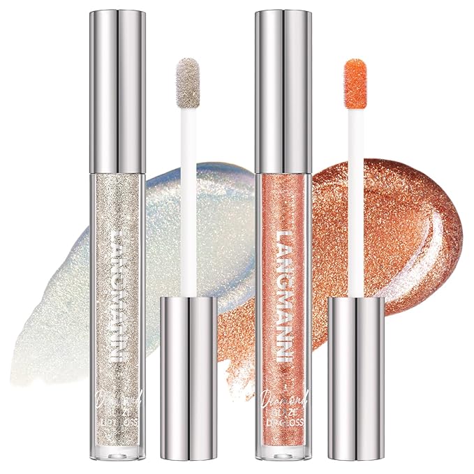 LANGMANNI 2 Colors Diamond Glitter Lip Gloss Set,Long Lasting High Shine Shimmer Liquid Lipstick Set,Hydrating,Moisturizing Lip Gloss Kit Gift Makeup For Girls(#01+02)