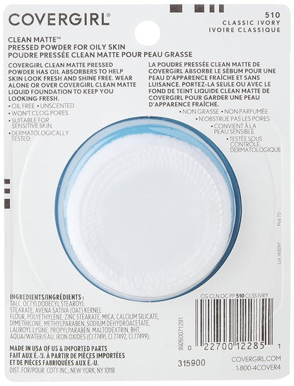 COVERGIRL Clean Matte Pressed Powder, Oil Control Powder, 1 container, .35 Fl Oz, Face Powder, Oil Free Loose Powder, Matte Finish, Lightweight, Shine Free Formula, Leaves Skin Smooth and Clean