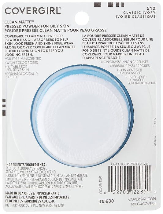 COVERGIRL Clean Matte Pressed Powder, Oil Control Powder, 1 container, .35 Fl Oz, Face Powder, Oil Free Loose Powder, Matte Finish, Lightweight, Shine Free Formula, Leaves Skin Smooth and Clean