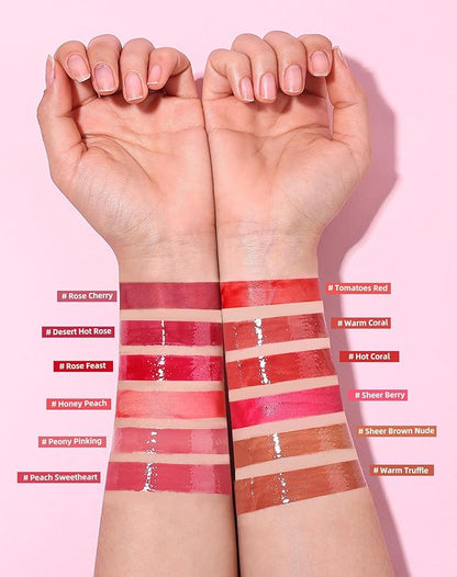 Tinted Lip Oil & Lip Stain Set, Korean Makeup, Smudge-Proof,Long-Wearing, 2-in-1 Cheek and Lip Tint with Moisturizing, High-Shine, Lightweight & Non-Sticky for Dry Lips, Cruelty-Free & Vegan