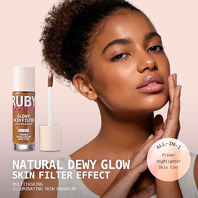 Ruby Kisses Glowy Skin Filter Foundation - All-in-1 Primer, Skin Tint & Highlighter, Hydrating Light Coverage with Squalane, Natural Dewy Finish, Luminous & Radiant Glow (Rich)