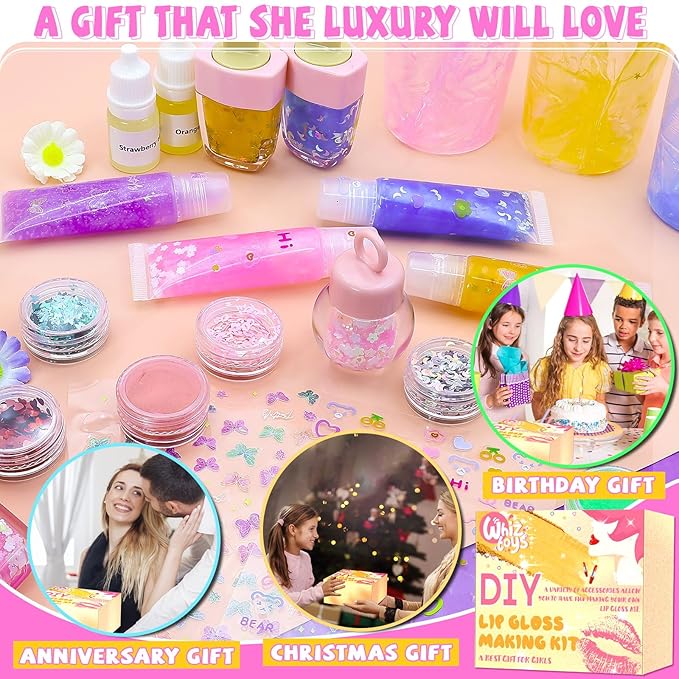 DIY Lip Gloss Making Kit 74 PCS, Yellow Kids Lip Gloss Supplies Set Beginner, Fun Craft Set Moisturizing Base, Gift for Girls, Kids, Teenagers, Women
