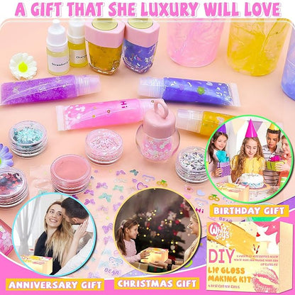 DIY Lip Gloss Making Kit 74 PCS, Yellow Kids Lip Gloss Supplies Set Beginner, Fun Craft Set Moisturizing Base, Gift for Girls, Kids, Teenagers, Women