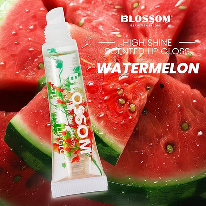 Blossom Lip Gloss Tubes, Watermelon Scented Thick Clear High Shine Moisturizing Flower Lip Gel with Nourishing Jojoba Seed Oil, Infused with Real Flowers, 0.3oz, Watermelon