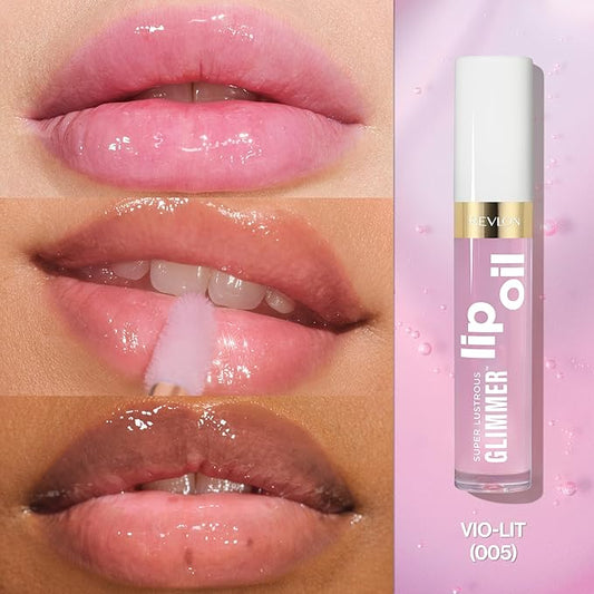 REVLON Super Lustrous Glimmer Lip Oil, Moisturizing & Tinted, Shiny Finish, Made with Plant-Based Squalane, 005 Vio-lit, 0.13 fl oz
