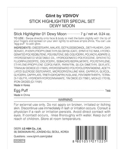 Glint Stick Highlighter Special Set (Dewy Moon(Set), 0.24oz + Egg-Shaped Makeup Sponge) - Multi-Use Illuminator Stick. Korean Makeup by LG Beauty. Creamy & Blendable Color.