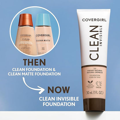 COVERGIRL Clean Invisible Foundation Makeup, Dewy & Glowy Finish, Buildable Coverage, Skin-Like Smooth Look, Vegan, Natural Beige, 1oz